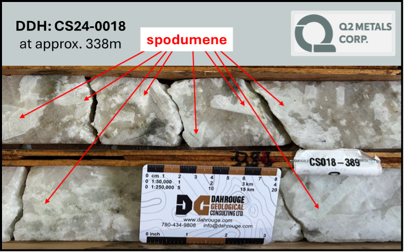 Campioni di rocce pegmatitiche estratti da circa 338m di profondità con cristalli di spodumene ben visibili. Credits: Q2 Metals Corp.